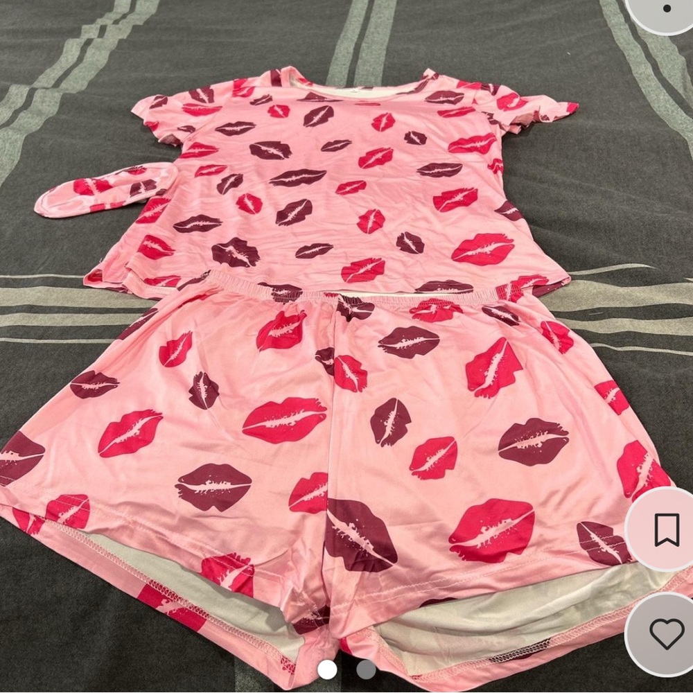 Pink & Red Lip print pajama set with matching eye mask.